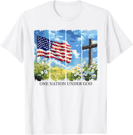 One Nation Under God Usa Flag Flowers Red White Blue Cross
