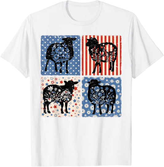 Groovy Cute Sheeps Flowers American Flag Farmer 4Th Of July