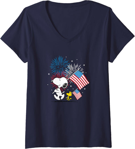 Womens Peanuts Snoopy Woodstock American Flags Fireworks V Neck