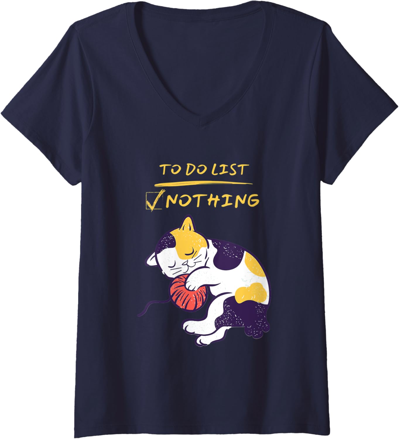 Womens Cute Lazy Sleeping Calico Kitty Cat Sleeping with Yarn V-Neck