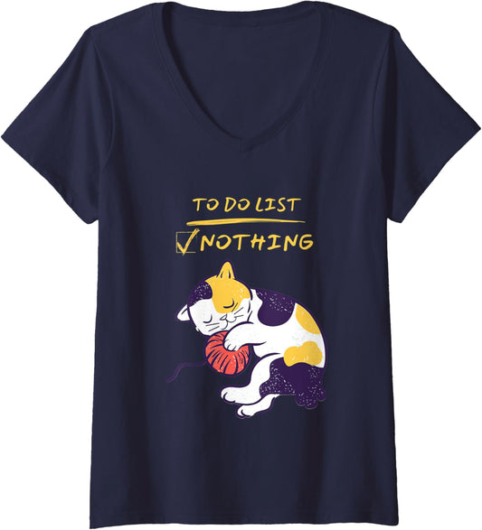 Womens Cute Lazy Sleeping Calico Kitty Cat Sleeping with Yarn V-Neck