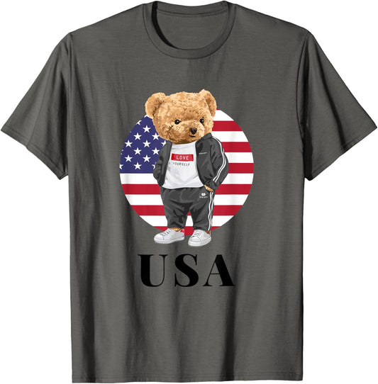 Love Yourself Cool Illustration Teddy Bear With Usa Flag