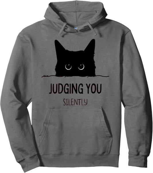 Cat Judging You Silently Funny Black Cat Mom Dad Pullover Hoodie