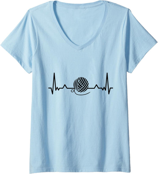 Womens Knitting Heartbeat Wool Yarn Crocheting Gifts V-Neck