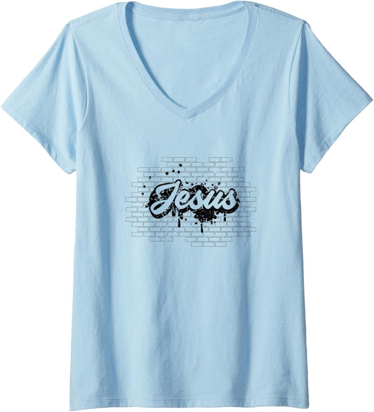 Womens Jesus Christ Brick Wall Art Religious Vintage Christian V Neck