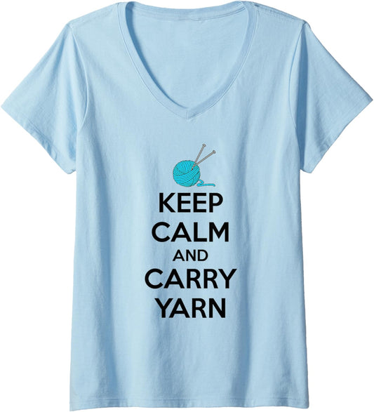 Womens Knitting Gifts for Knitters - Keep Calm and Carry Yarn Funny V-Neck