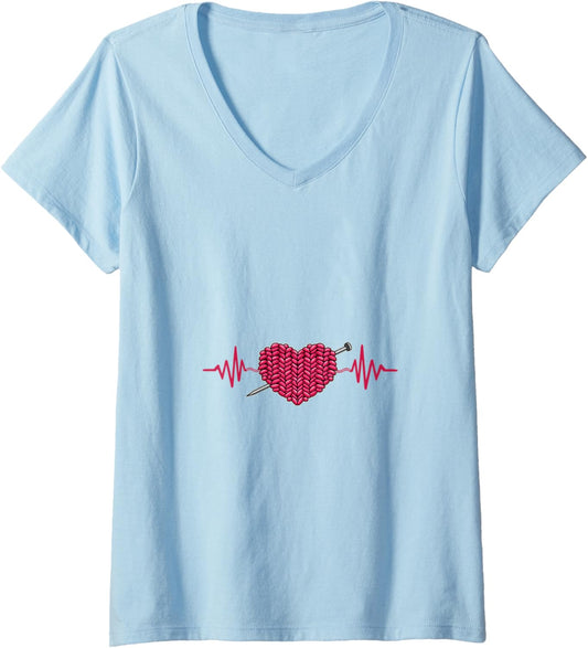 Womens Knitting Crocheting Crochet Yarn Heartbeat V-Neck