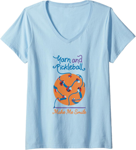 Womens Pickleball And Knitting Knit Yarn Sport Funny Smile V-Neck