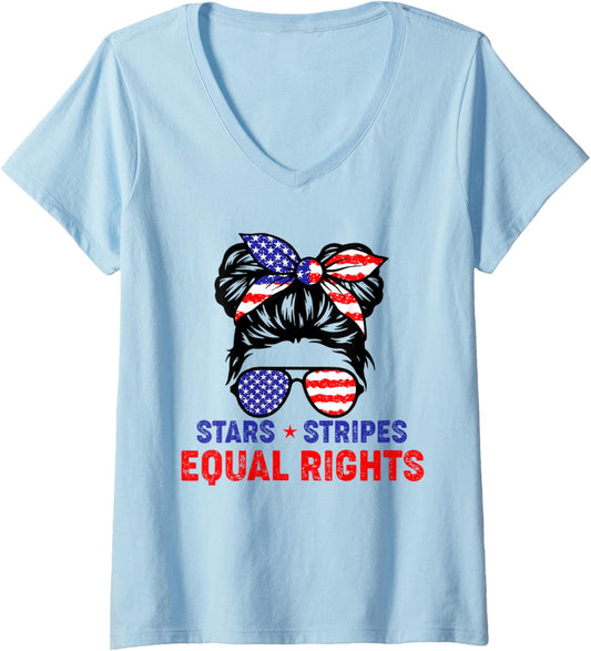 Womens Messy Bun American Flag Star Stripes And Equal Rights V Neck