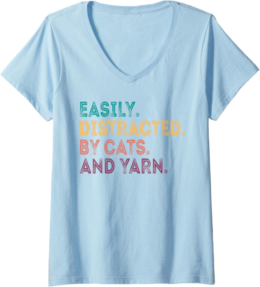 Womens Easily Distracted by cats And Yarn Quote knitting lovers V-Neck