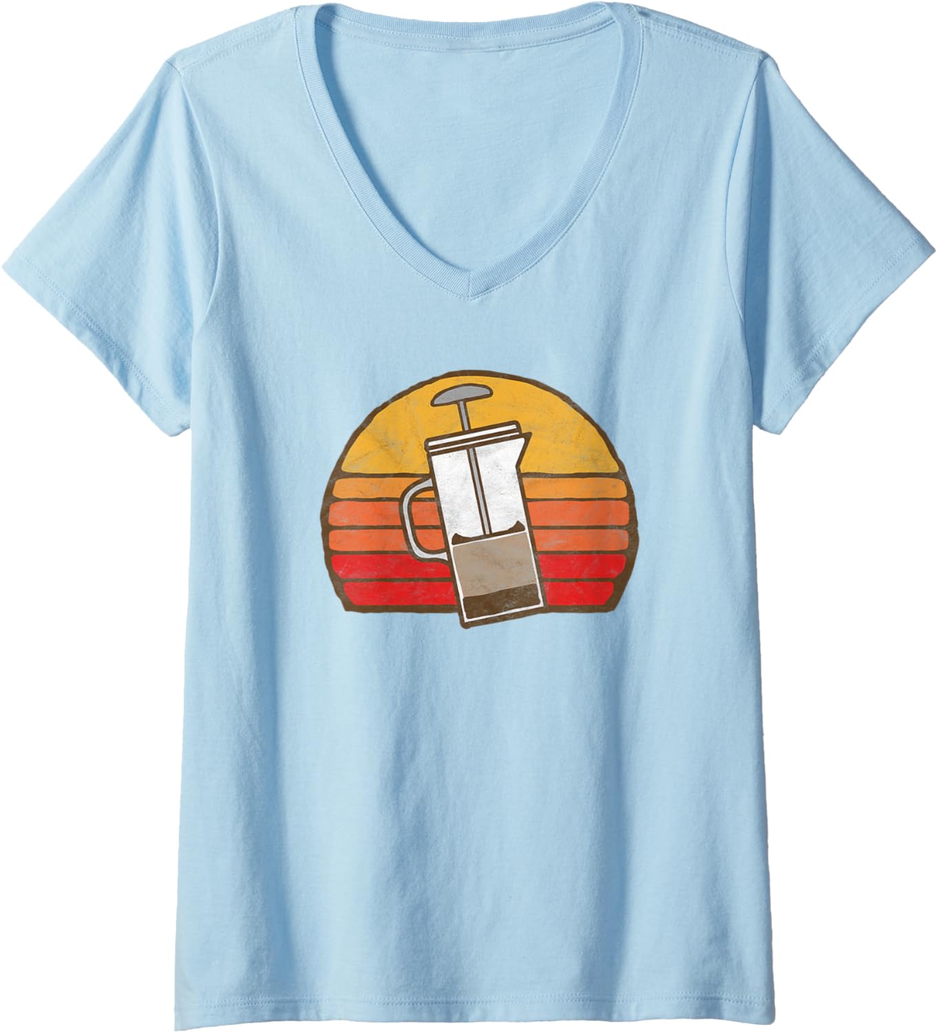 Womens Vintage French Press Coffee Maker & 80s Sun V-Neck