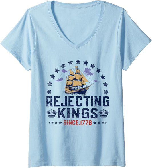 Womens Rejecting Kings Since 1776 Vintage Patriotic No Kings V Neck