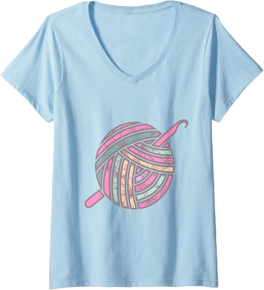 Womens Yarn With Flowers Design For Women - Crochet Yarn Quilting V-Neck