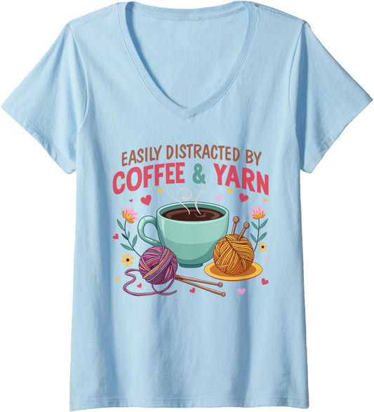Womens Easily distracted by Coffee and yarn V-Neck