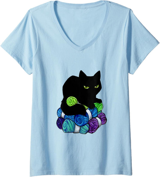 Womens Yarn hoarding void - black cat yarn funny V-Neck