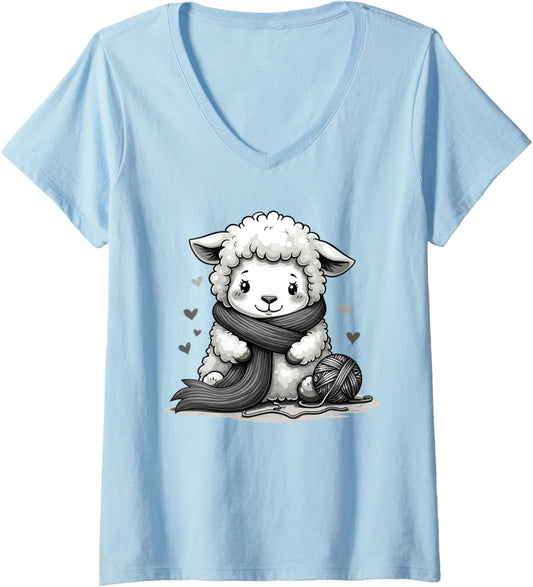 Womens Cute Sheep With Knitting Yarn And Wool Scarf V-Neck