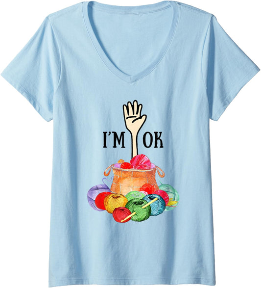 Womens I'm Ok Crochet And Knitting Funny Crocheting Yarn T-Shirt V-Neck