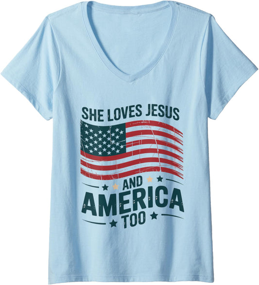 Womens She Loves Jesus And America Too Usa Flag 4Th Of July V Neck