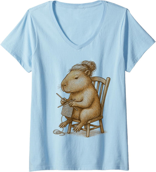 Womens Knitting Capybara Funny Cozy Design for Yarn Lovers V-Neck