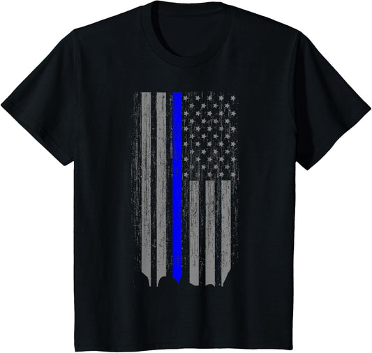 Kids Thin Blue Line Law Enforcement American Flag Shirt Youth