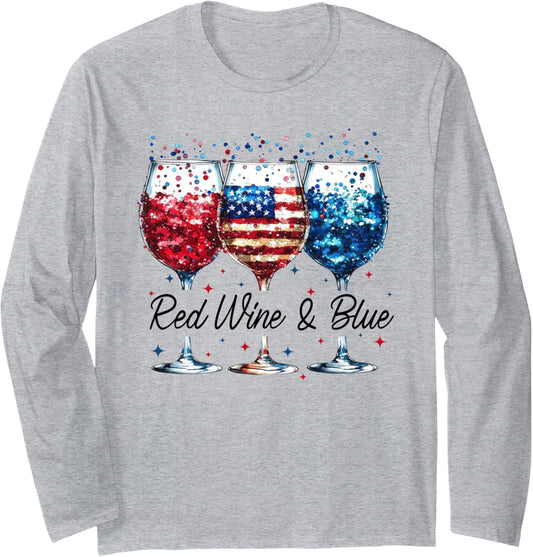 Red Wine And Blue 4Th Of July Wine Glasses Usa American Flag Long Sleeve