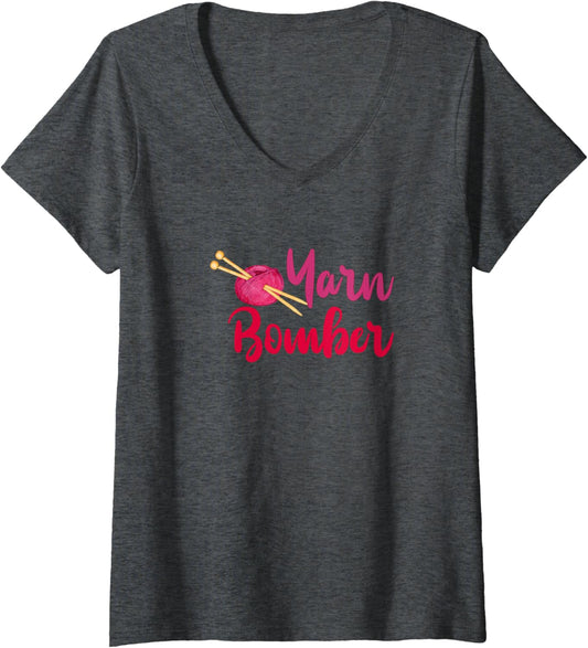 Womens Yarn Bomber with Knitting Needles in Ball of Yarn V-Neck