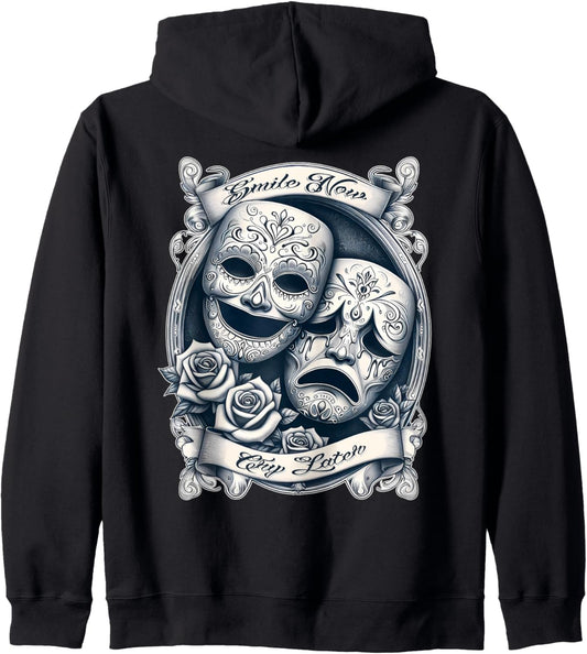 SMILE NOW CRY LATER Retro Gothic Cholo Gangster Chicano Art Zip Hoodie
