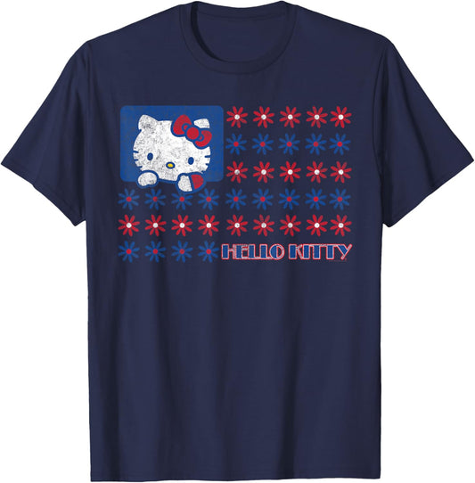 Hello Kitty Usa Red White Blue Americana Daisies Flag