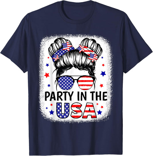 Party In Usa Girls 4Th Of July Shirt Daughter Messy Bun Usa