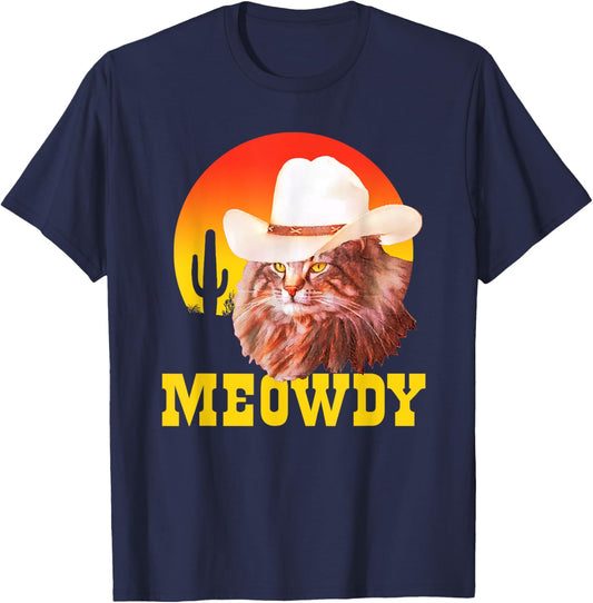 Southern Timbers Meowdy! Funny Country Music Cat Cowboy Hat Vintage Blue Unisex Adult Classic Fit Short Sleeve