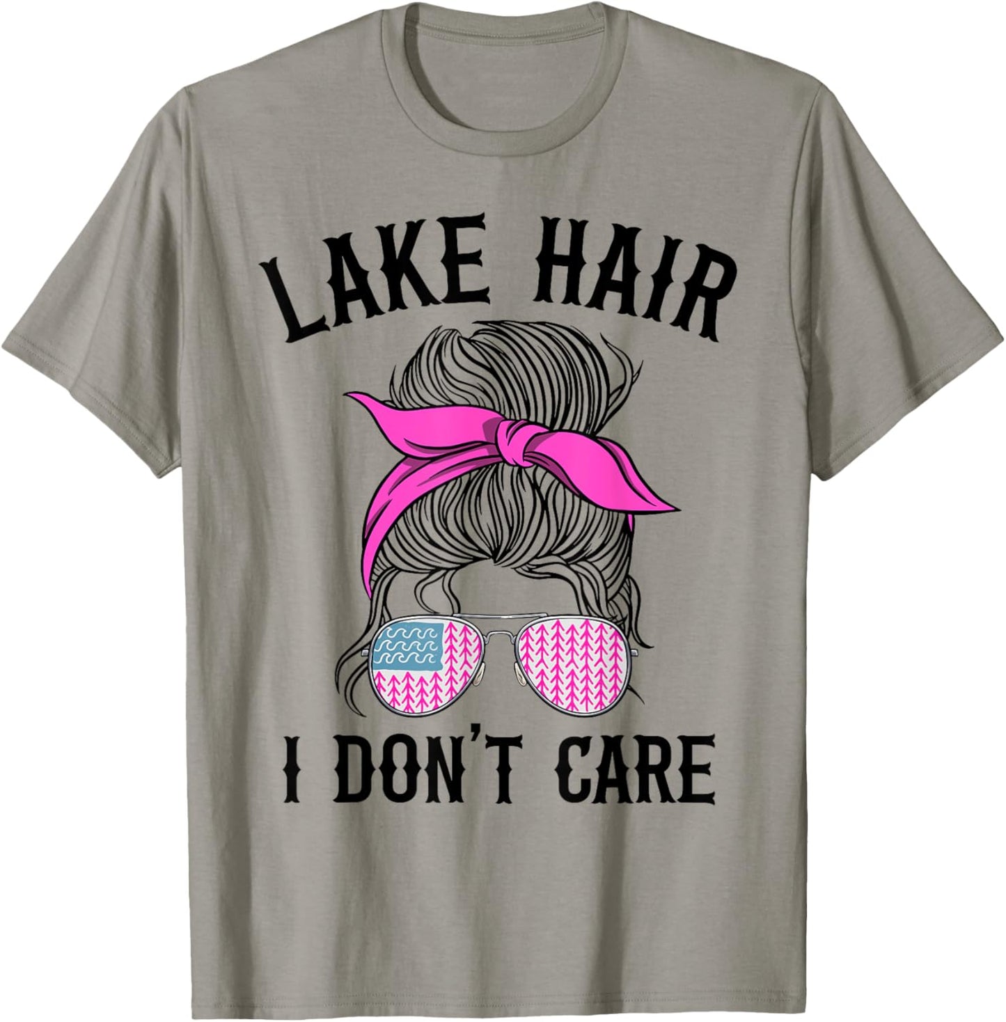 Lake Hair I Dont Care Messy Bun American Flag Pontoon Queen