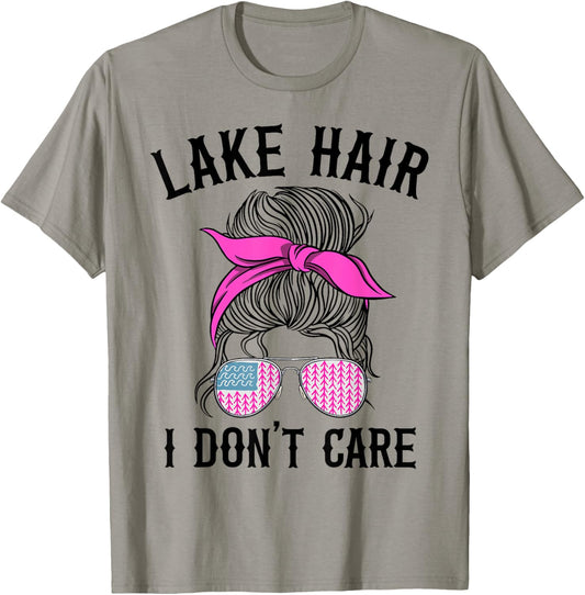 Lake Hair I Dont Care Messy Bun American Flag Pontoon Queen