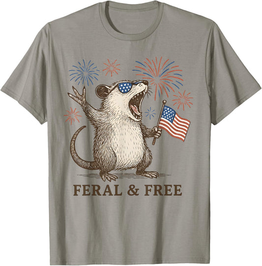 Feral And Free Possum 4Th Of July Funny American Flag Womens