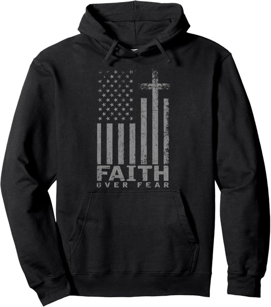 USA Flag Patriotic American Faith Over Fear Prayer Pullover Hoodie