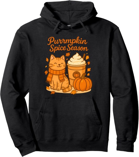 Cute Fall Cat Scarf Pumpkin Latte Purrmpkin Spice Season Pun Pullover Hoodie