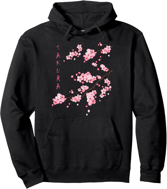 Vintage Sakura Cherry Blossom Japanese Graphical Art Pullover Hoodie