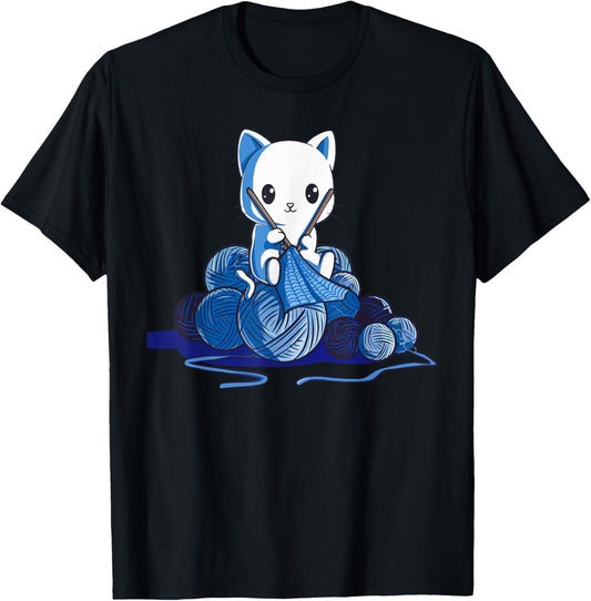 Kawaii Knitting Cat Yarn Lover for Crafters T-Shirt for Men Women Kids