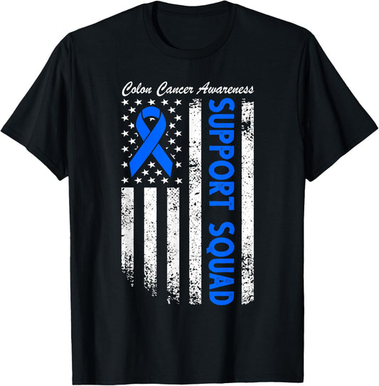 Colon Cancer Awareness Supprt Squad Blue Ribbon Usa Flag