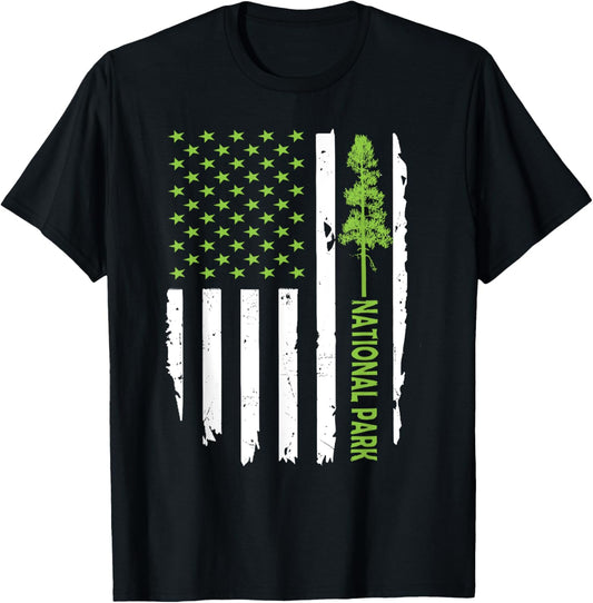 Us American Flag With Pine Tree For Protect National Parks