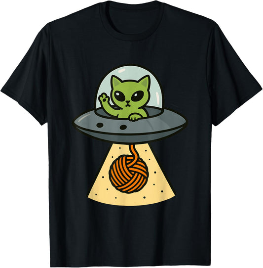 Funny Alien Cat Abducting Yarn Ball Cartoon Design
