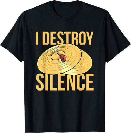 Alek's Shop I Destroy Silence Percussion Drum and Cymbal Music T-Shirt - Black, Unisex, Small, Short Sleeve, Cotton 65% Polyester 35%, Modern, Music Themed, School, Casual