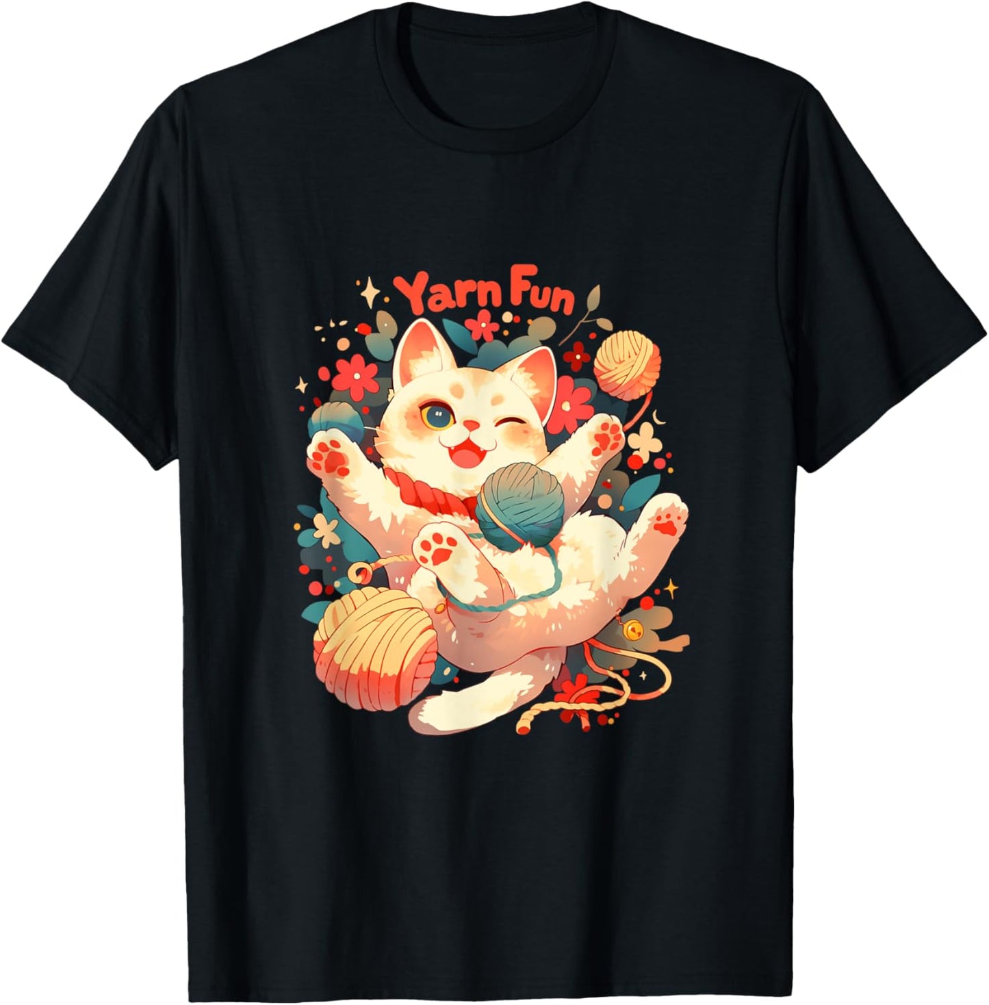 Playful Cute Cat Tangled In Colorful Yarn Balls Cat Lover T-Shirt for Men Women Kids