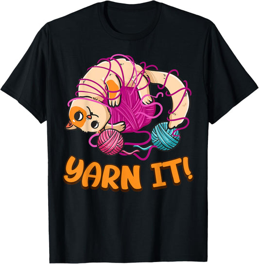 Funny Knitters Yarn It Cat Tangled In Yarn Cat Lovers Yarn T-Shirt for Men Women Kids
