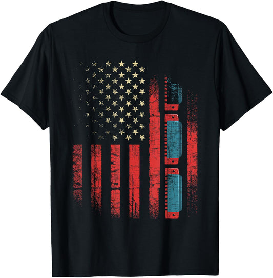 Patriotic Harmonica Player Usa Flag Harmonicist French Harp