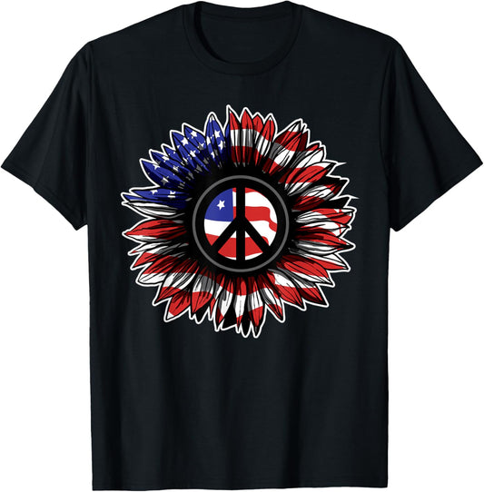 4Th Of July Sunflower Peace Sign Tshirt American Flag
