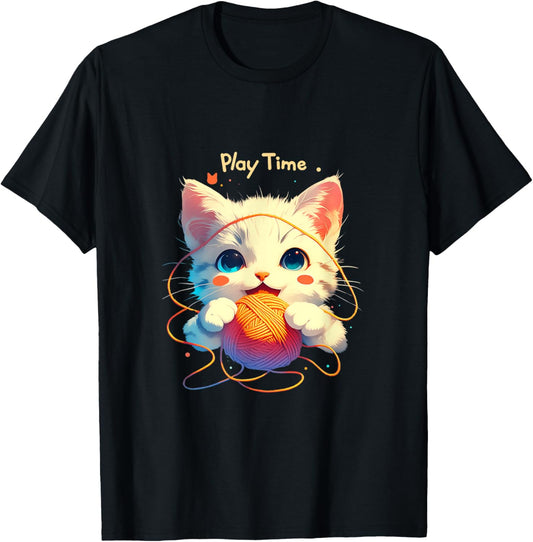 Play Time Cat Design with Yarn Ball and Whiskered Joy T-Shirt for Men Women Kids