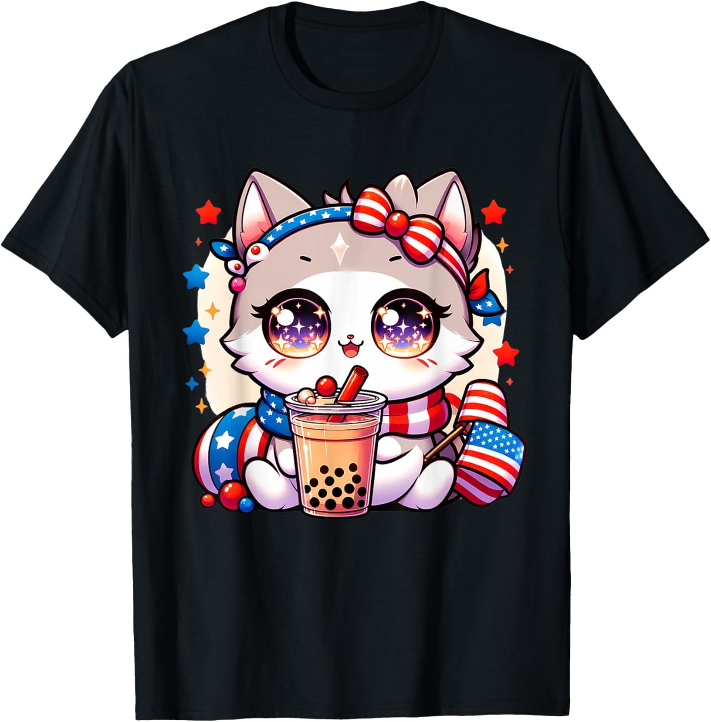 Cute 4Th Of July Cat Shirt Girls Kawaii Anime Boba Tea Usa