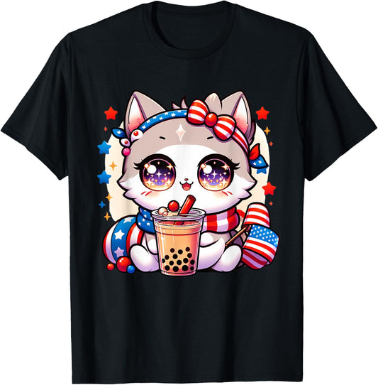 Cute 4Th Of July Cat Shirt Girls Kawaii Anime Boba Tea Usa