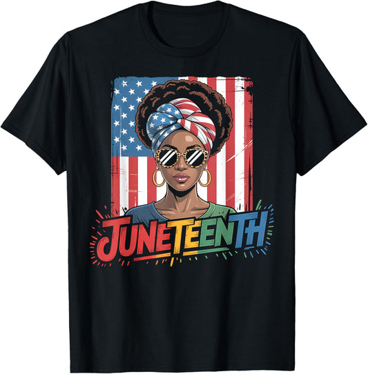 Juneteenth Black Girl Magic Usa Flag Pride Afro Women Tee