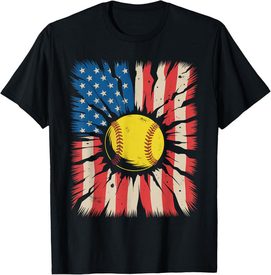 Patriotic Softball 4Th Of July Vintage American Flag Men Boy